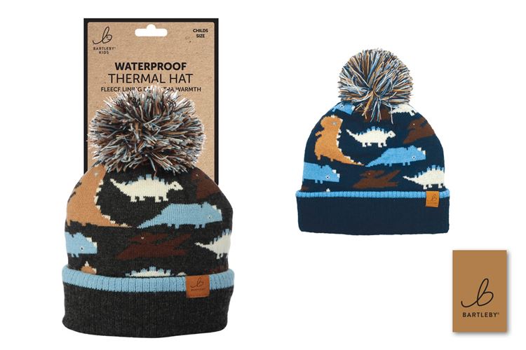 Childs Waterproof Dinosaur Thermal Bobble Hat
